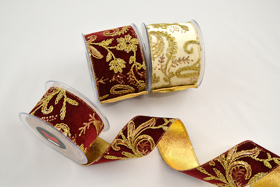 Rotolo di nastro bordeaux con ricami dorati - 6,7 cm x 4, 5 mt  - Kappa Decor